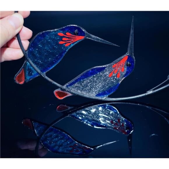 Hummingbird with Flower Stained Glass Suncatcher Bird Stained - Picture 6 of 7
